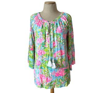 Lilly Pulitzer Women's Size M Flamingo Print Tunic Top Tassel Ties